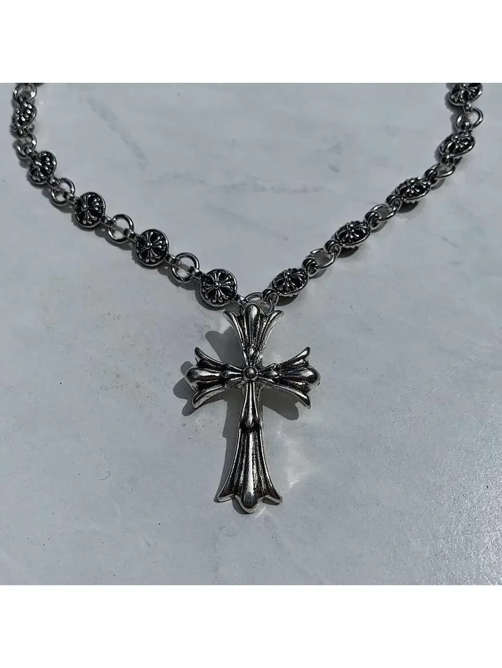Grunge Cyber y2k silver gothic cross long necklace chain. 24 inches length.